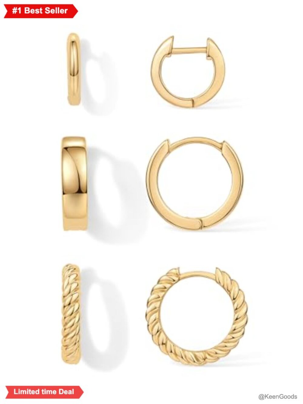 14K Yellow Gold Plated Huggie Hoop Earrings Set 3-Pair Hypoallergenic